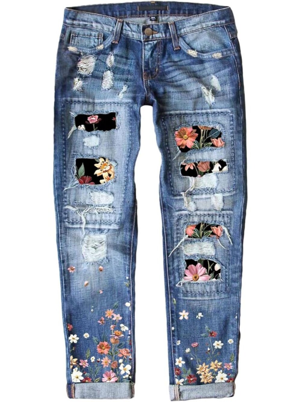 Womens Plaid Patch Ripped Boyfriend Distressed Stretch Skinny Denim Jeans with H